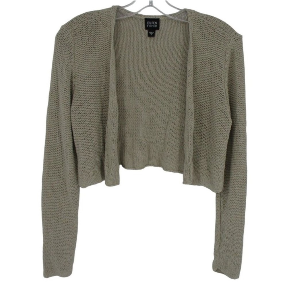 Eileen Fisher Silk Cropped Cardigan Sweater Womens Small Long Sleeve Tan Grey